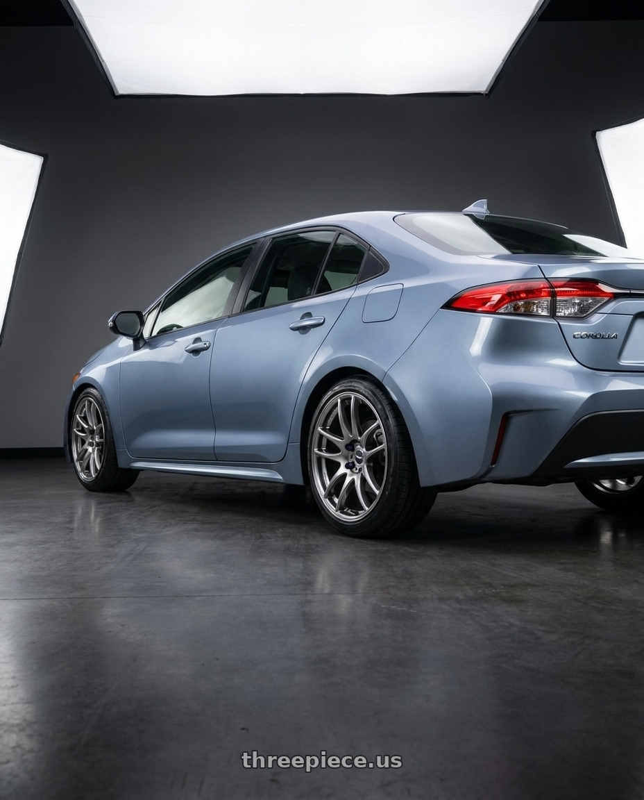 2023 toyota corolla le with Work Emotion Cr Kiwami 5x100 17x8 +35 Gt Silver wheels rear three quarter view square tires