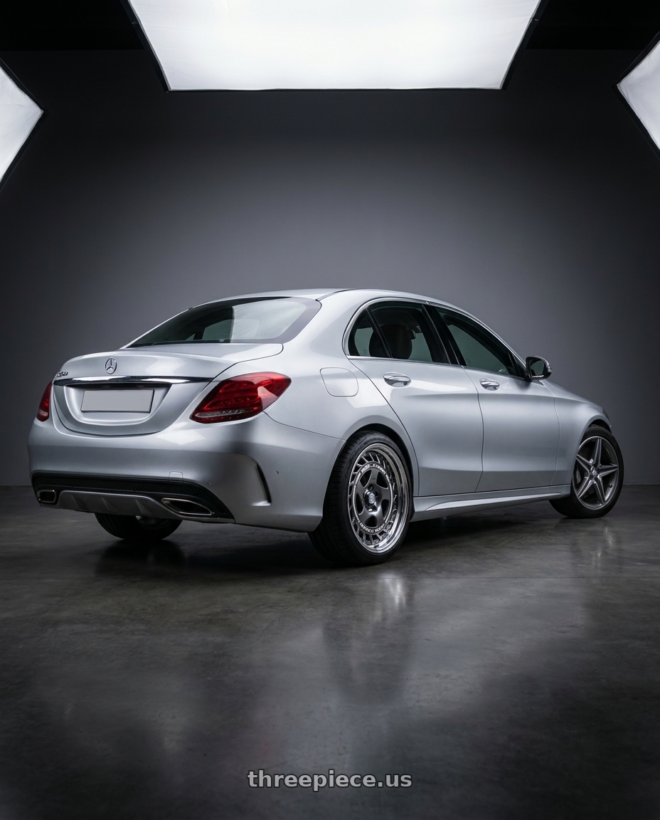2016 Mercedes-Benz c220d with FORMULA AERO SPOKE 5X100 18X9+-19 HP Disk Titan Silver wheels rear three quarter view square tires
