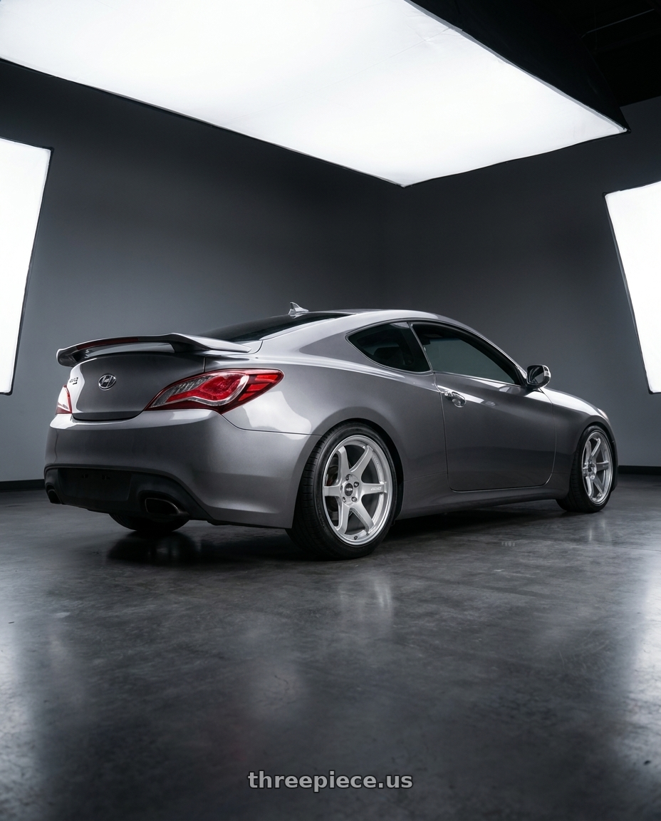 2014 Hyundai Genesis Coupe with ESR Wheels APEX SERIES AP6 5x114.3 19x11 +22 Hyper Silver wheels rear three quarter view square tires