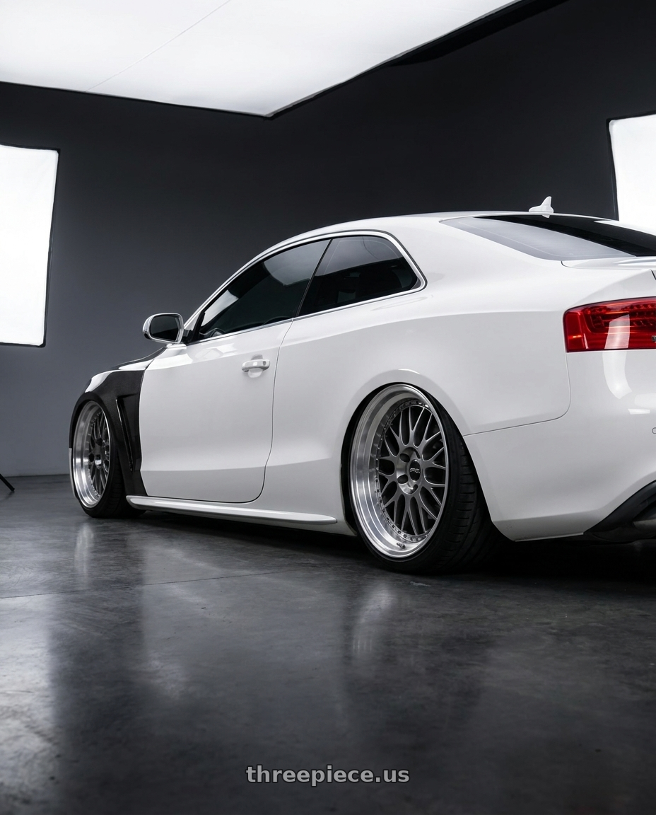 2009 audi s5 with ARC AR5 5x114.3 18x9.5  +30 Silver Machine Face Lip Chrome Rivet wheels rear three quarter view square tires
