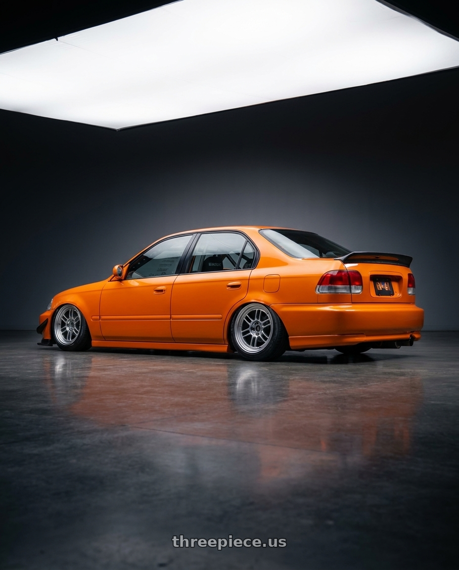 1997 HONDA CIVIC with Enkei RPF1 4x100 15x8+28 Silver wheels rear three quarter view square tires