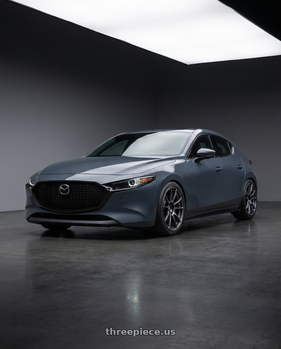 2023 Mazda Mazda3 Turbo with Ssr Gtx04 5x114.3 18x9.5+22  DARK GUNMETAL wheels front three quarter view lowered stance