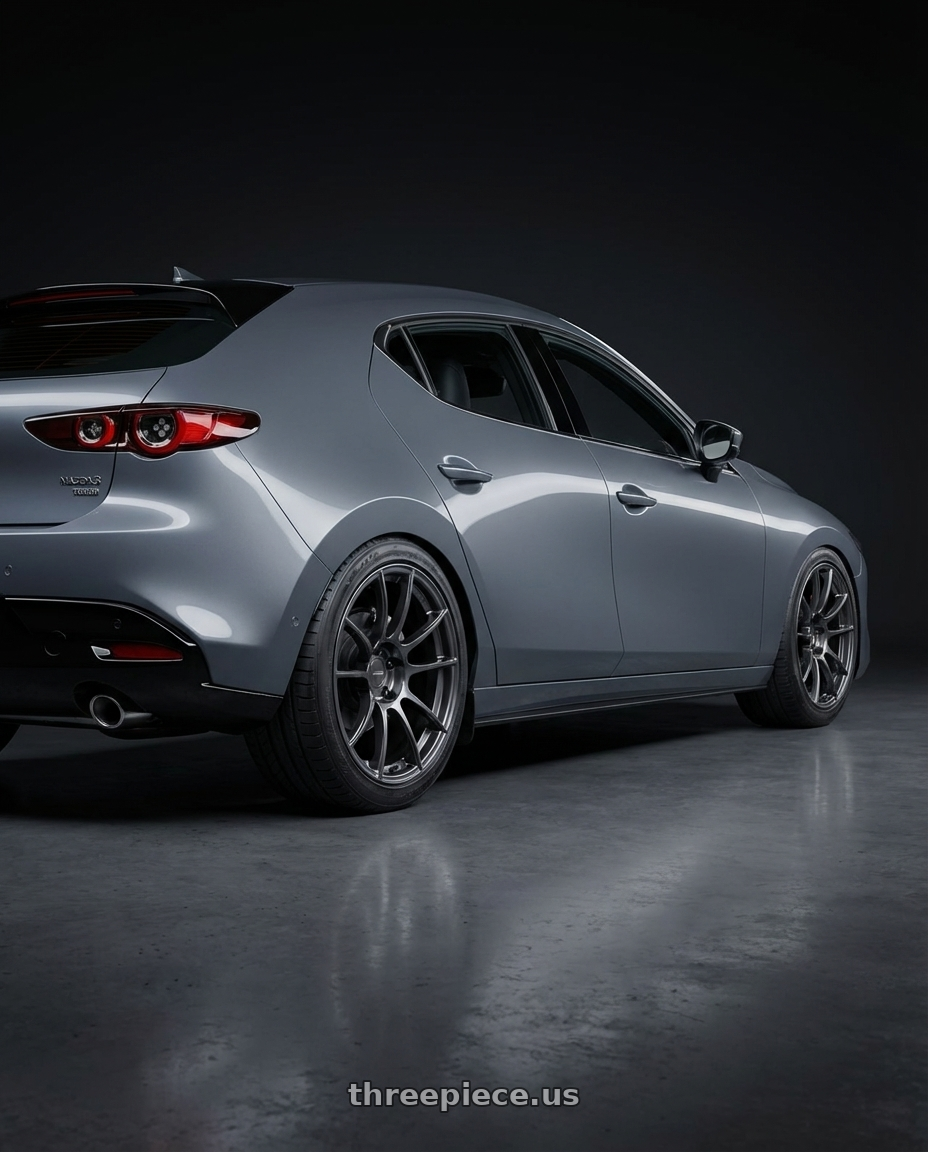 2023 Mazda Mazda3 Turbo with Ssr Gtx04 5x114.3 18x9.5+22  DARK GUNMETAL wheels rear three quarter view square tires