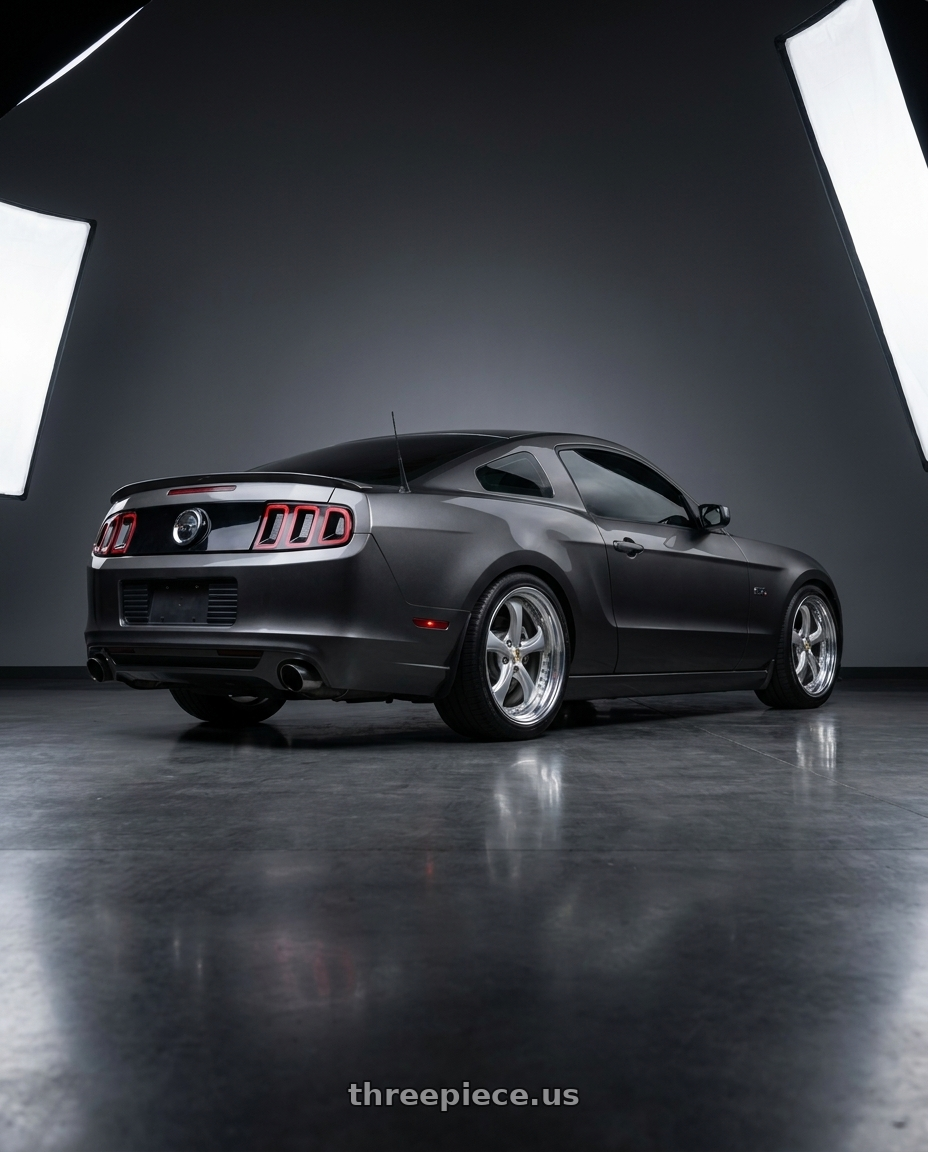 2014 Ford Mustang Gt with Work Wheels VS-KF 5x114.3 20x9+40 Light Grey Silver A Disk STEP RIM wheels rear three quarter view square tires