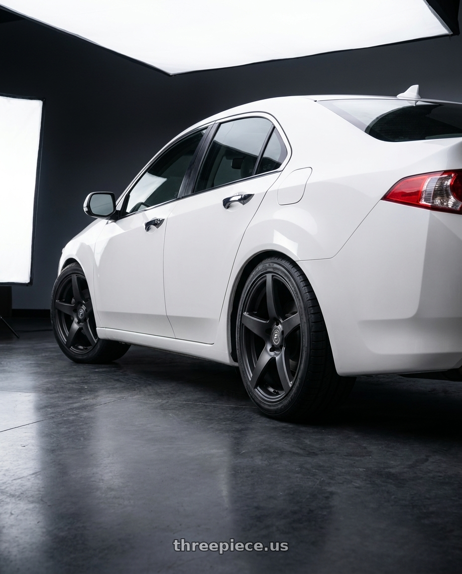 2013 Acura TSX with Forgestar CF5 5x114.3 18x10 +42 Satin Black wheels rear three quarter view square tires