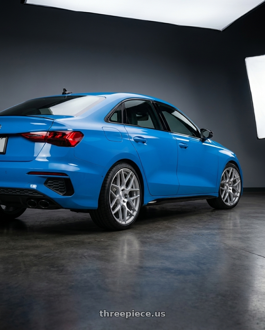2023 Audi S3 with Aodhan AFF2 5x112 19x8.5+35 Gloss Silver Machined Face wheels rear three quarter view square tires
