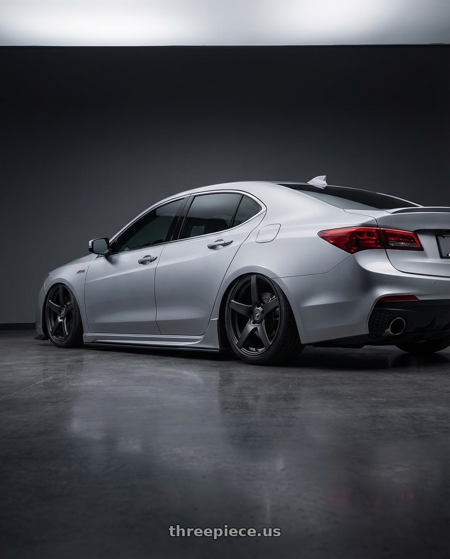 2019 Acura TLX with Forgestar CF5 5x114.3 20x9.5 +29 Satin Black wheels rear three quarter view slight stretch tires