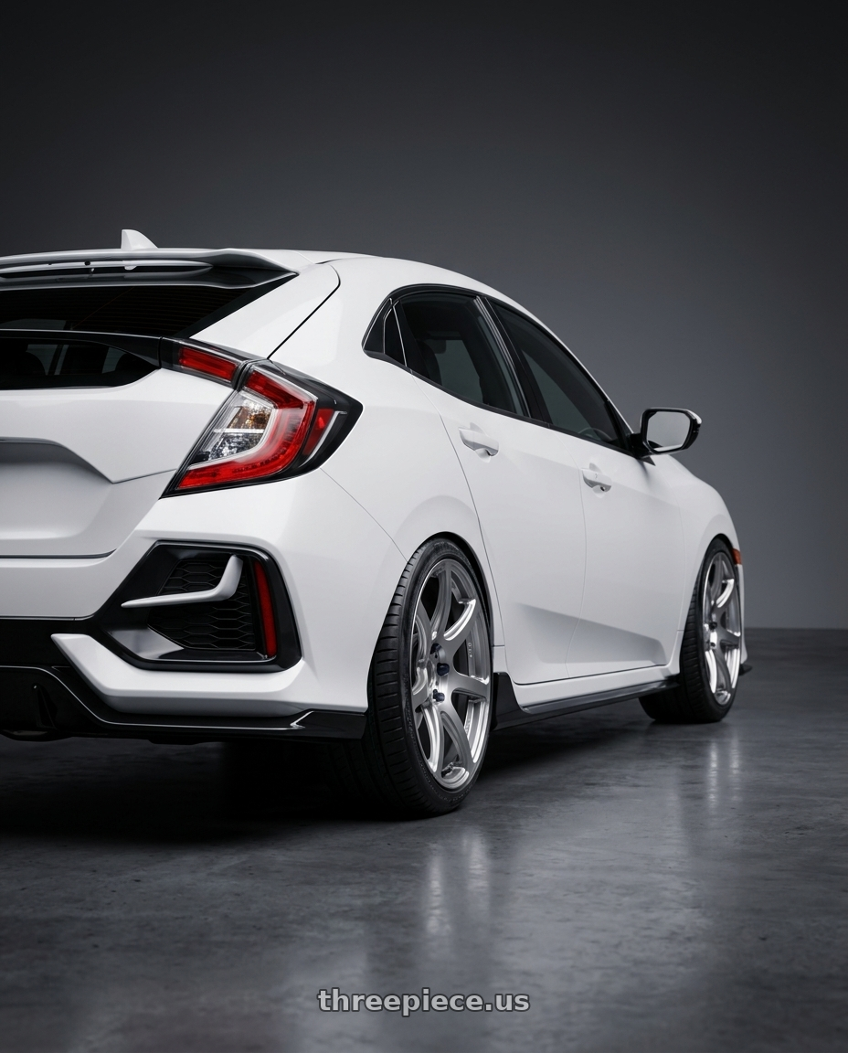 2021 Honda Civic with Work Emotion T7r 5x100 18x8.5 +38 Gt Silver wheels rear three quarter view slight stretch tires
