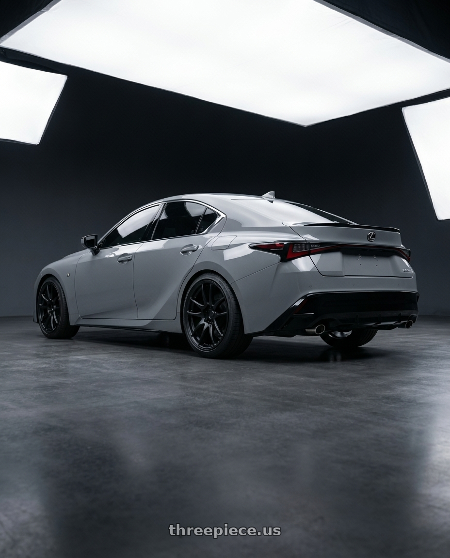 2024 Lexus IS350 with Work Emotion Cr Kiwami 5x100 18x8.5 +47 Matte Black wheels rear three quarter view square tires
