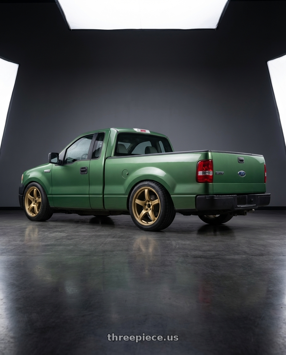 2008 f150 xl green  with Gram Lights 57CR 5x114.3 18x9.5 +38 Almite Gold wheels rear three quarter view square tires