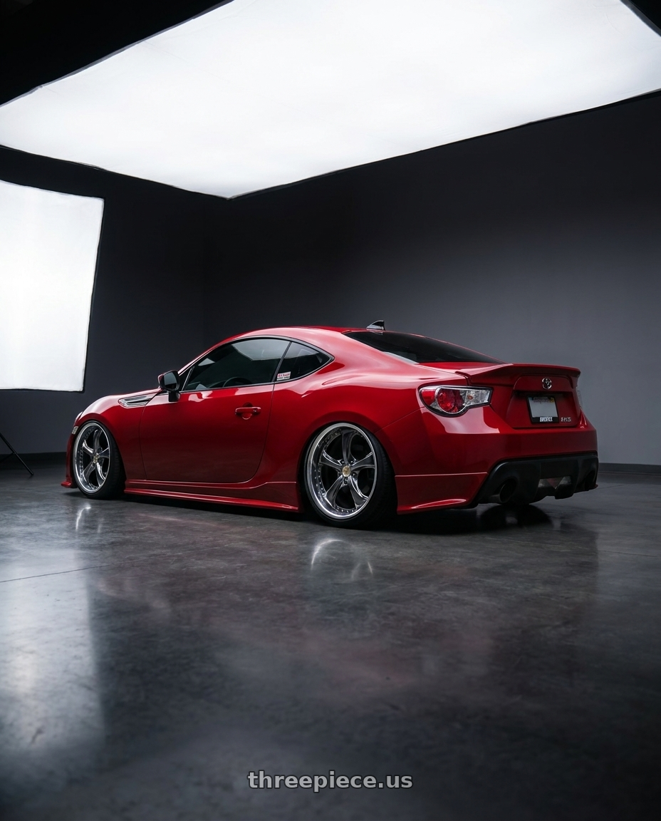 2013 scion frs with Work Wheels VS-KF 5X114.3 19x8+40 Brilliant Silver Black A Disk FULL REVERSE wheels rear three quarter view slight stretch tires