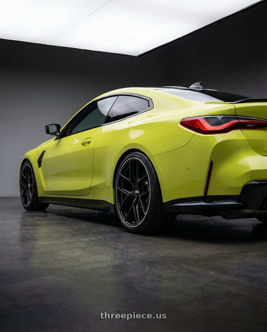 2024 BMW M4 G82 with BBS CC-R 5x112 19x9.5+42 Satin Black wheels rear three quarter view square tires