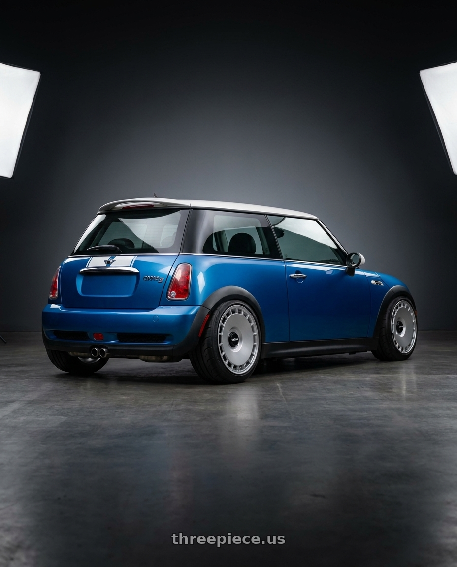 2005 Mini r53 with Rotiform 1PC R170 DTM 5X108/5X114.3 20X10 +40 SILVER wheels rear three quarter view meaty tires