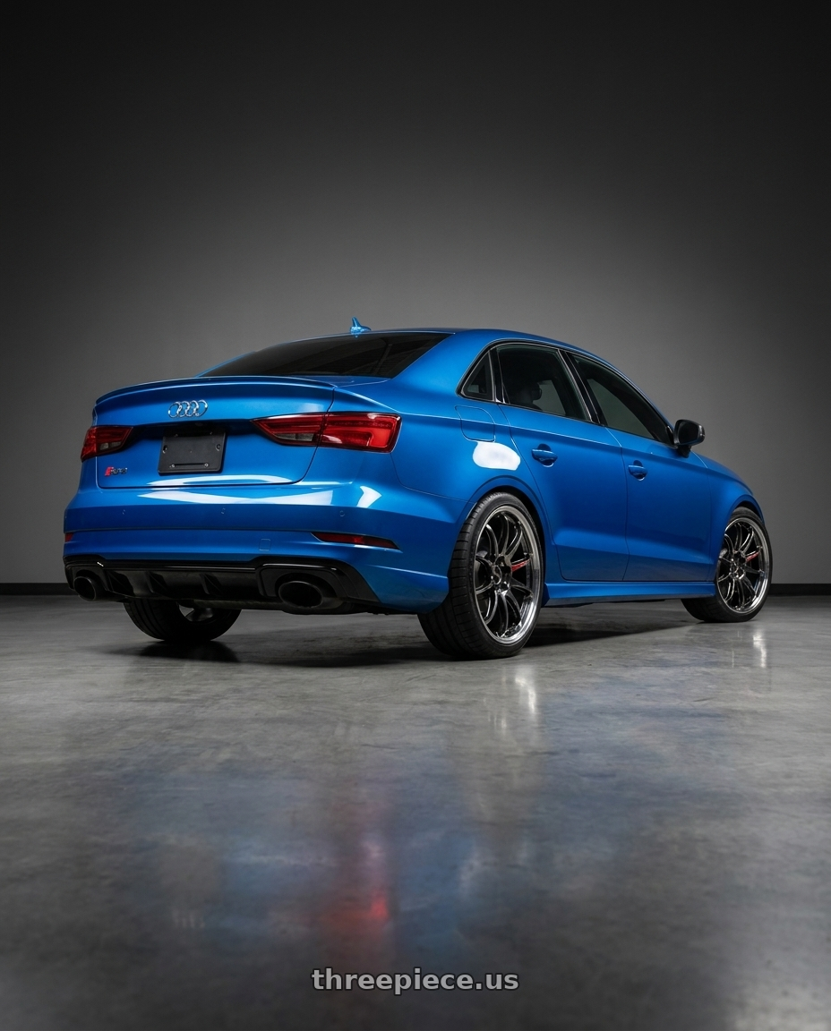 2018 Audi rs3 with Work Emotion Zr10 5x112 19x9.5 +38 Glim Black Diamond Rim cut wheels rear three quarter view square tires