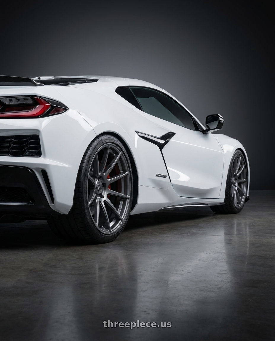 2025 Chevrolet corvette z06 arctic with Forgestar CF10 5x120 21x12 +52 Gloss Anthracite wheels rear three quarter view square tires