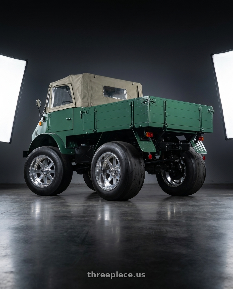 1959 mercedes benz unimog with American Force 11 Independence SS 8X180 26X16 -101 POLISHED wheels rear three quarter view excessive tires