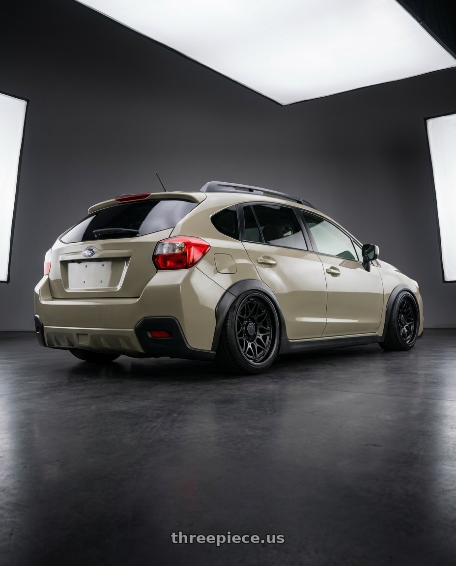 2014 Subaru crosstrek with Pro Comp PA202 BASECAMP 6X135 17X8 +20 MATTE BLACK wheels rear three quarter view slight stretch tires