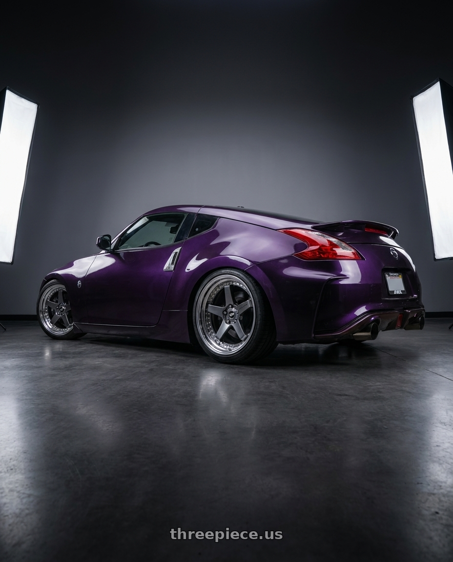2012 nissan 370z with Work Zistance W5s 5x114.3 19x9.5+45 s disk Brilliant Silver Black wheels rear three quarter view square tires