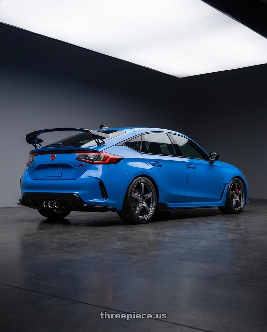 2024 Honda Civic Type R with Gram Lights 57CR 5x120 19x9.5+25 Gunblue II wheels rear three quarter view square tires