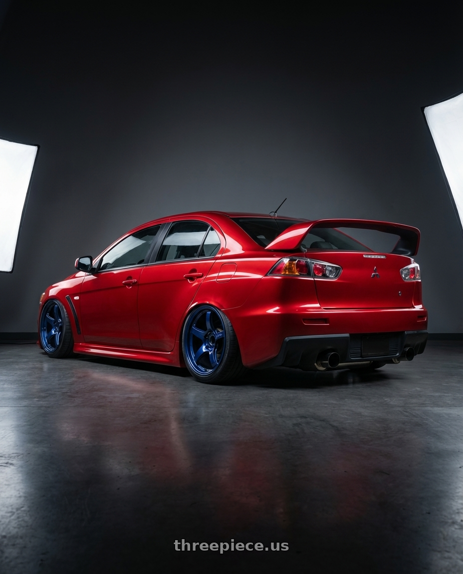 2012 Mitsubishi Lancer Evo X with Gram Lights 57CR 5x114.3 18x9.5+22 Eternal Blue Pearl wheels rear three quarter view slight stretch tires