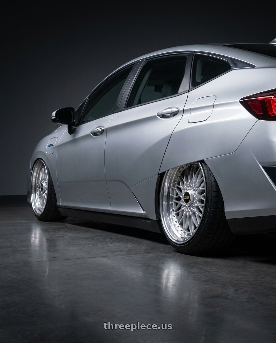 2021 Honda Clarity with BBS Super 5x112 19x10 +40 Diamond Silver wheels rear three quarter view slight stretch tires