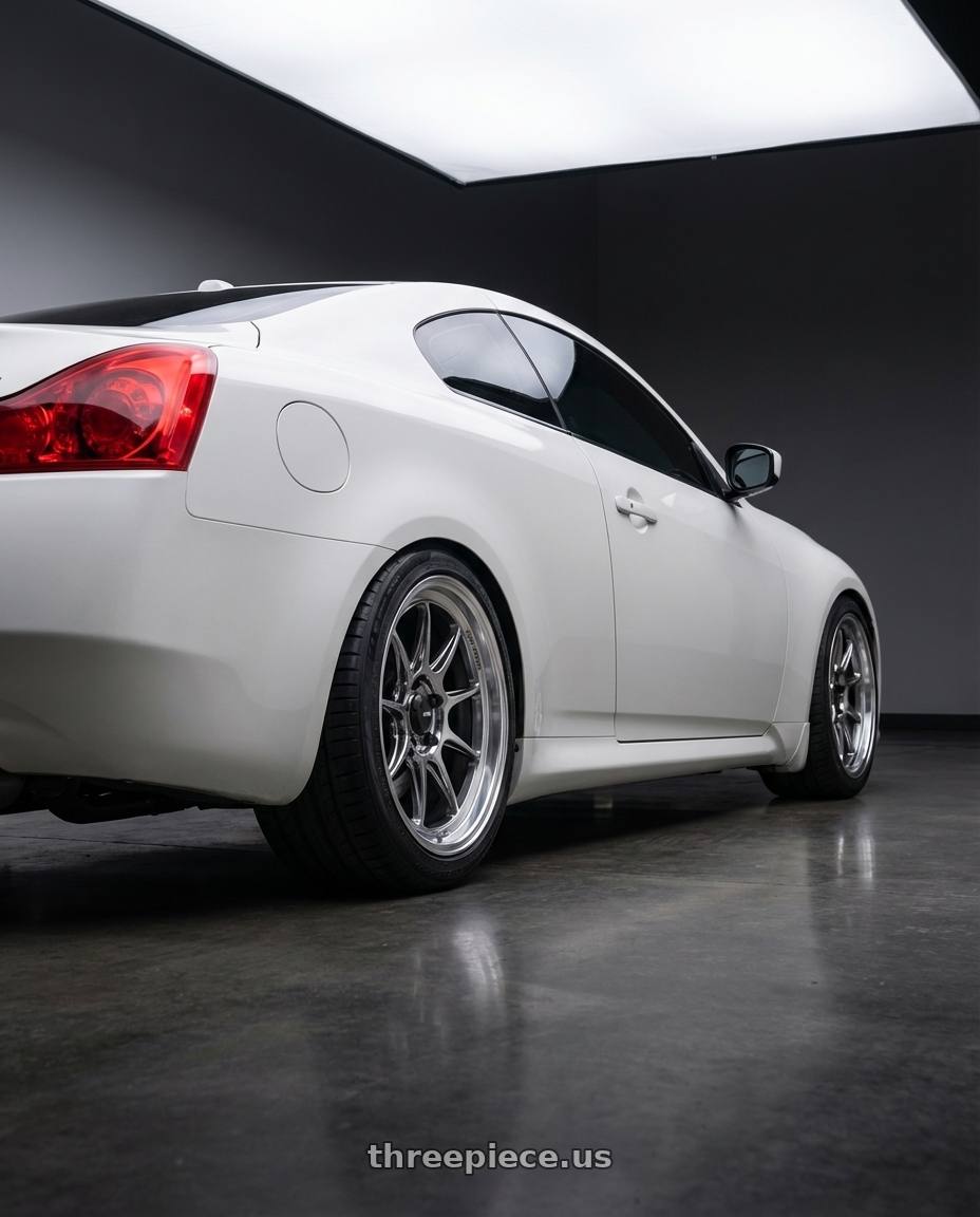 2014 Infiniti G37 Coupe with Konig Countergram 5x114.3 19x9.5+35 Hyper Chrome / Machined Lip wheels rear three quarter view square tires