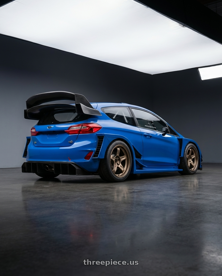 Ford fiesta rally1 2018 with Volk Racing 21C 5x112 18x10.5 +30 BRONZE wheels rear three quarter view square tires