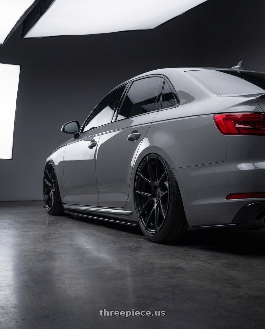 2023 Audi S4 B9 with Avant Garde Wheels M510 5X112 20x8.5 +32 Matte Black wheels rear three quarter view slight stretch tires