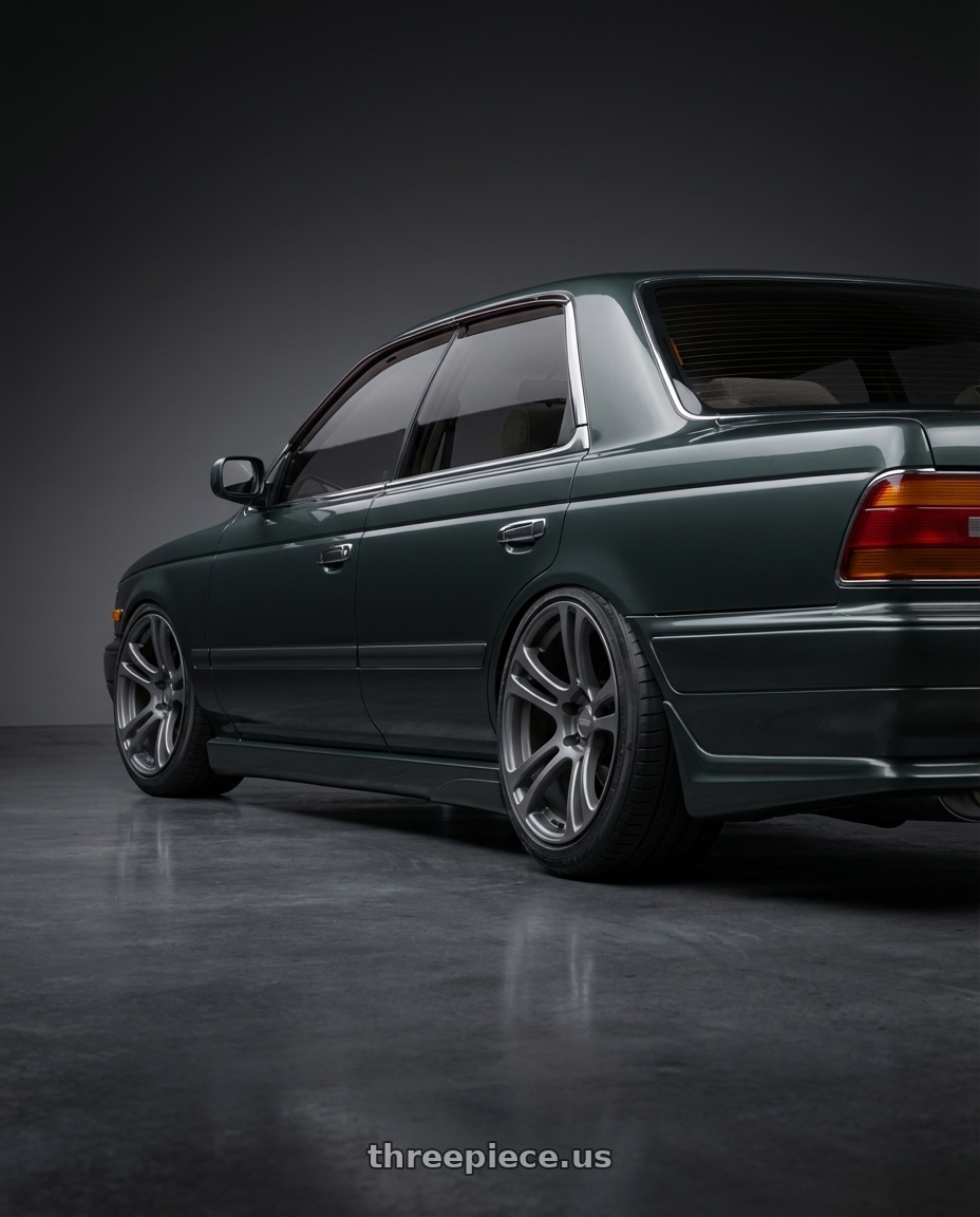 1992 nissan laurel with Kansei K16G Neo 5x114.3 18x9.5 22 Gunmetal wheels rear three quarter view square tires