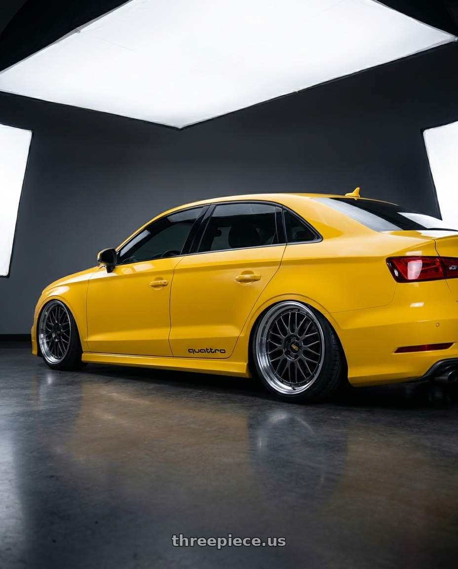 2016 Audi S3 with BBS LM 5x112 20x10.0+38 Diamond Black wheels rear three quarter view extreme stretch tires