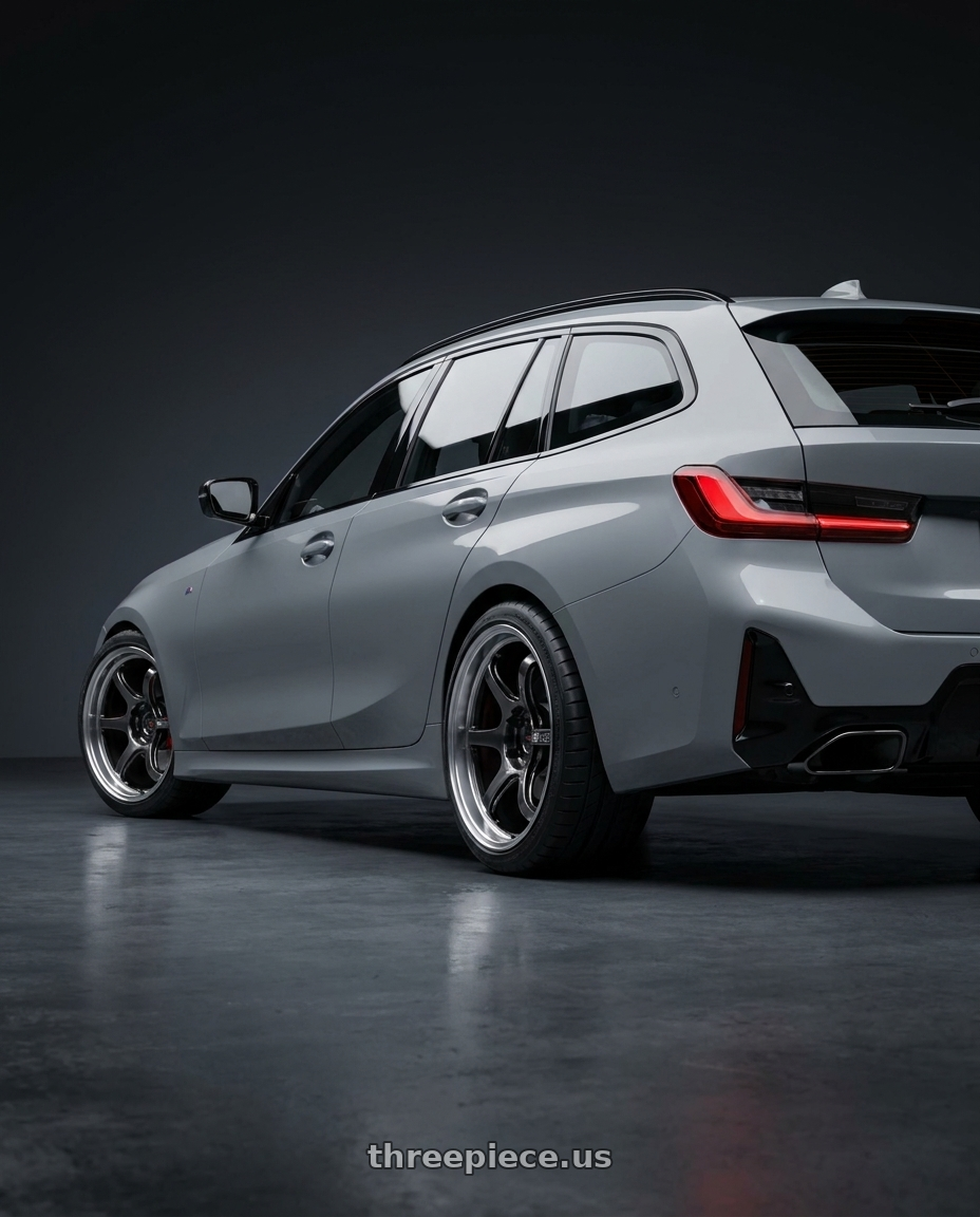2025 BMW M340i touring with Advan Racing R6 5x112 20x10.0 +25 MACHINING & RACING HYPER BLACK wheels rear three quarter view square tires
