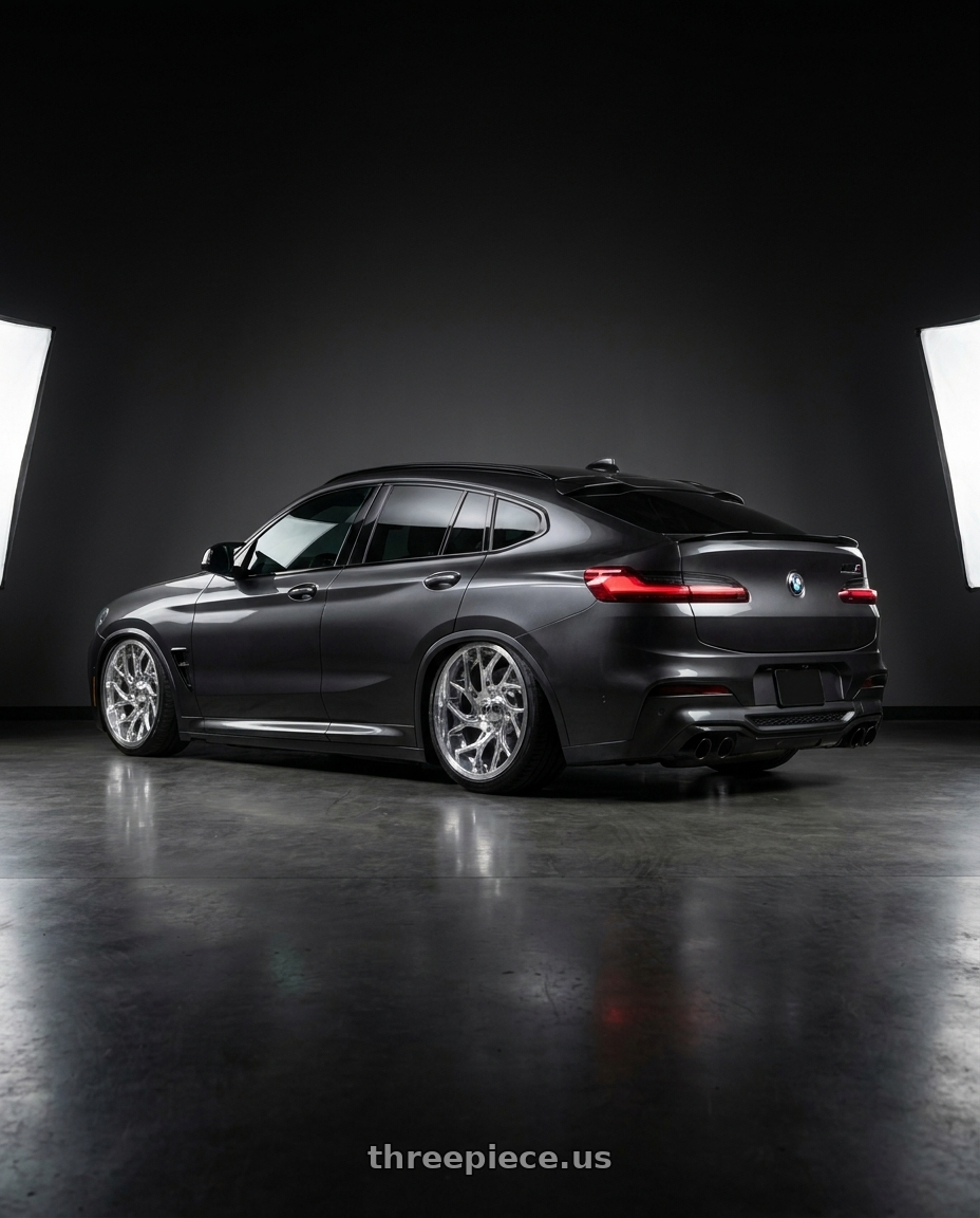 2023 Bmw x4m with Fuel UTV D204 RUNNER 4X137 20X7 +13 POLISHED wheels rear three quarter view slight stretch tires