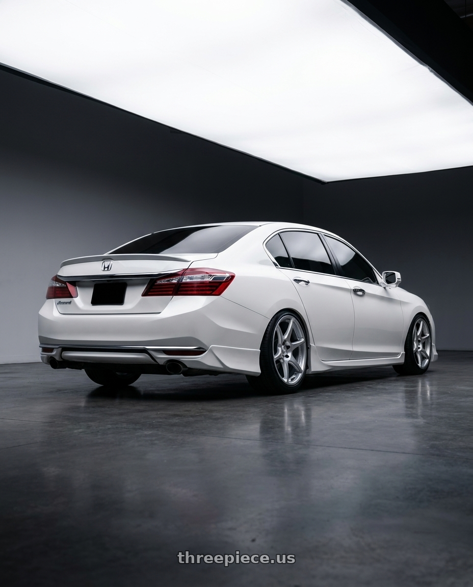 2016 Honda accord with Kansei K11S Tandem 5X100 18x9.5 22 Hyper Silver wheels rear three quarter view square tires