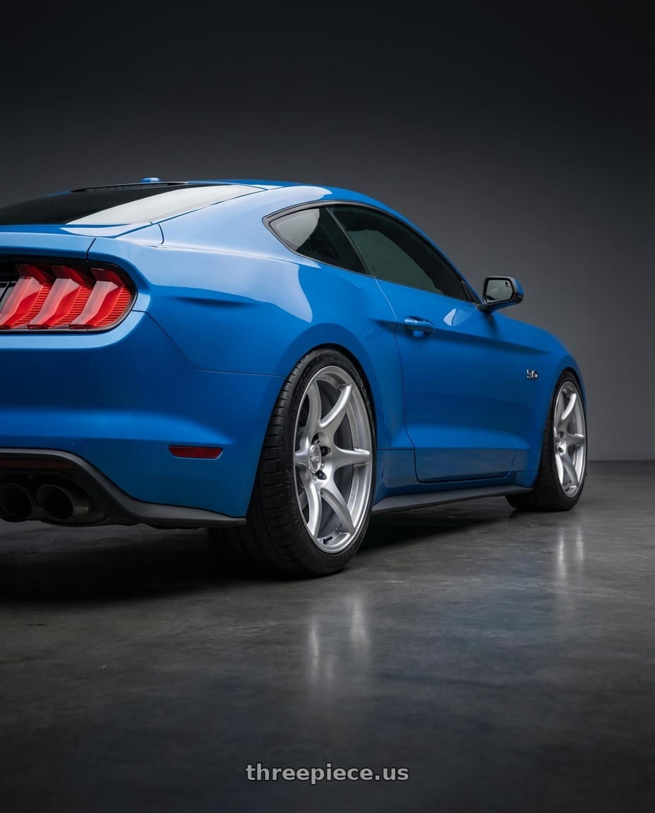 2022 Ford Mustang GT with Kansei K11S Tandem 5x114.3 19x9.5 12 Hyper Silver wheels rear three quarter view square tires