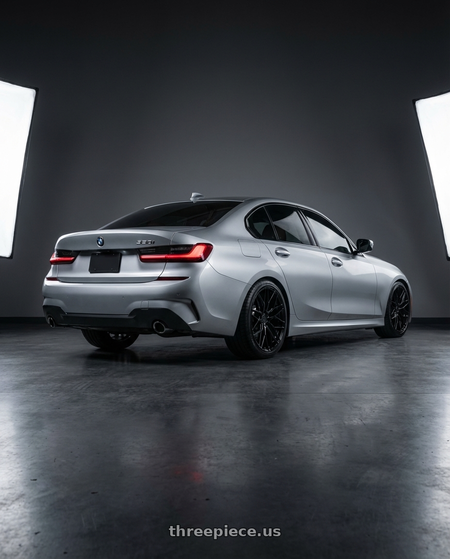 2023 BMW 3 Series G20 with Avant Garde Wheels M520R 5X112 19x8.5 +35 Gloss Black wheels rear three quarter view square tires