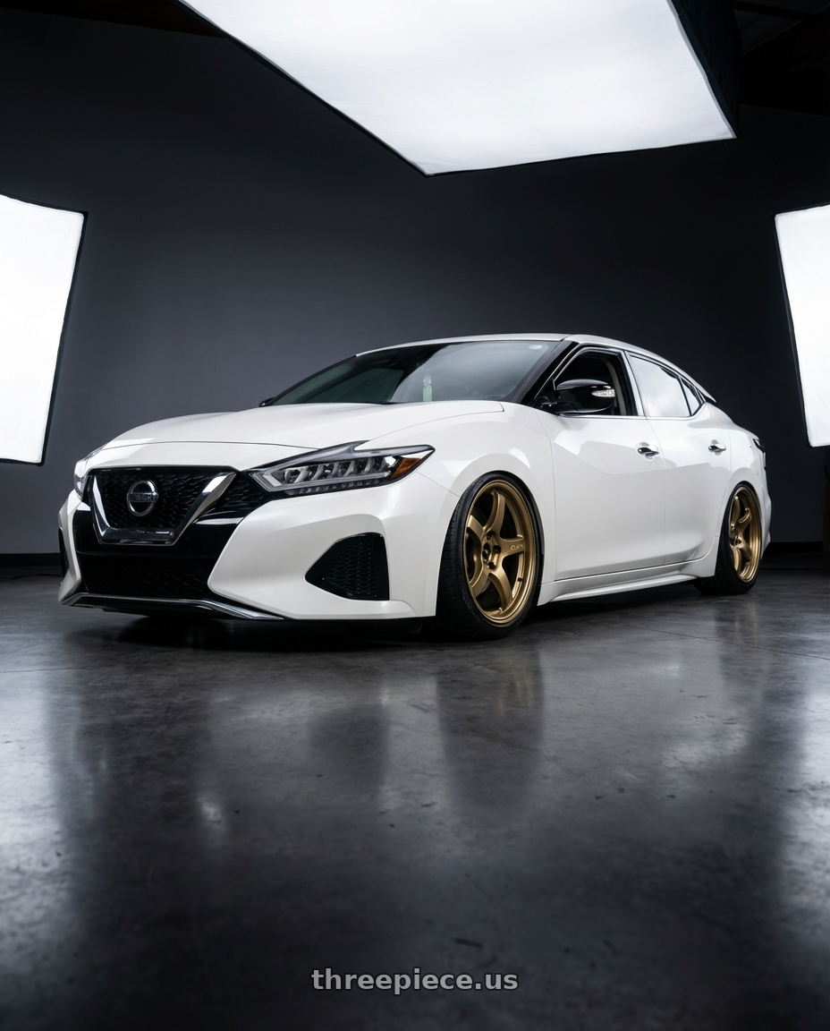 2021 Nissan maxima  with Gram Lights 57CR 5x100 17x9 +38 Almite Gold wheels front three quarter view stanced stance