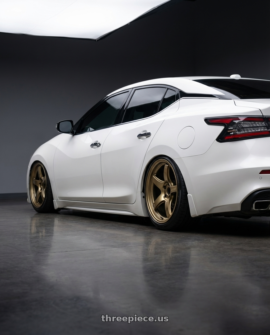 2021 Nissan maxima  with Gram Lights 57CR 5x100 17x9 +38 Almite Gold wheels rear three quarter view slight stretch tires
