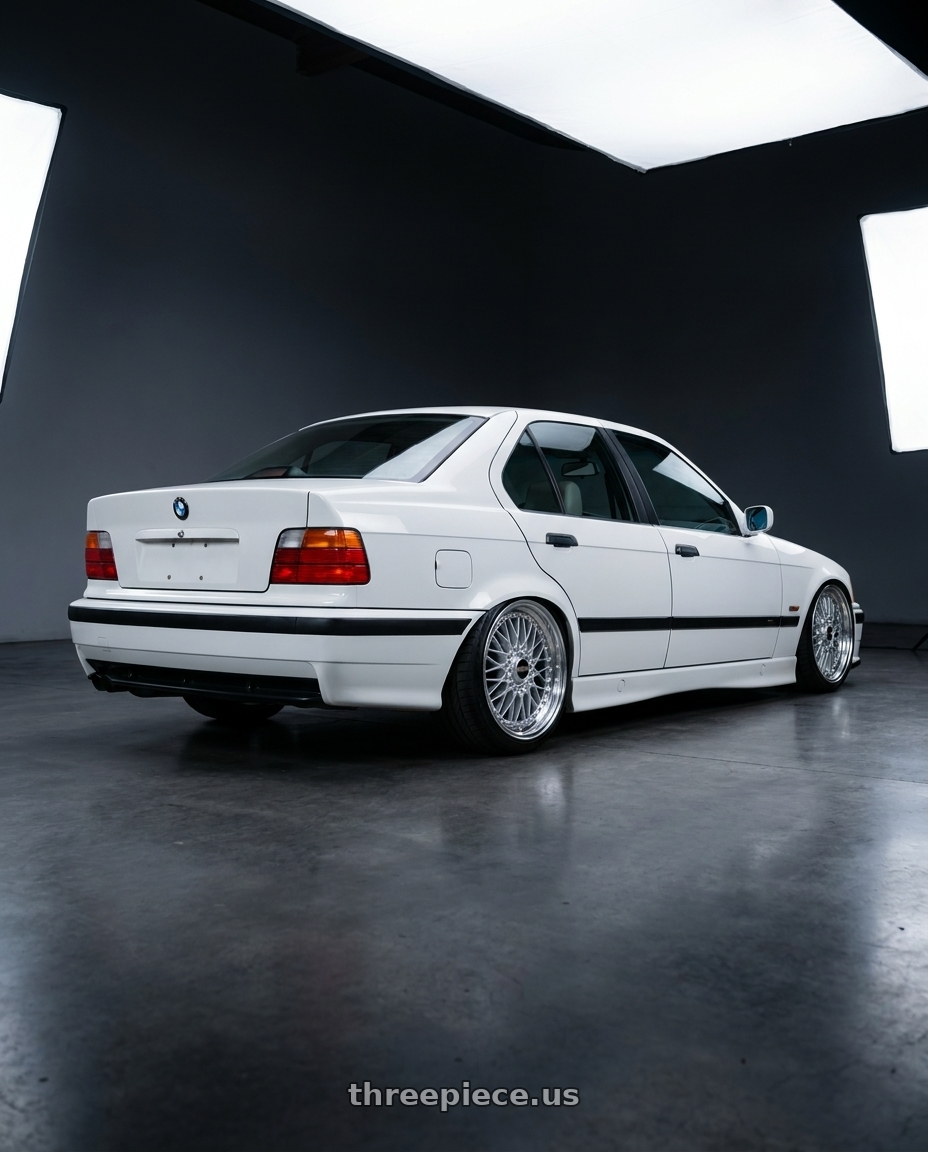 1998 bmw 328i with BBS Super-RS 5x112 19x9.0+42 Silver wheels rear three quarter view square tires