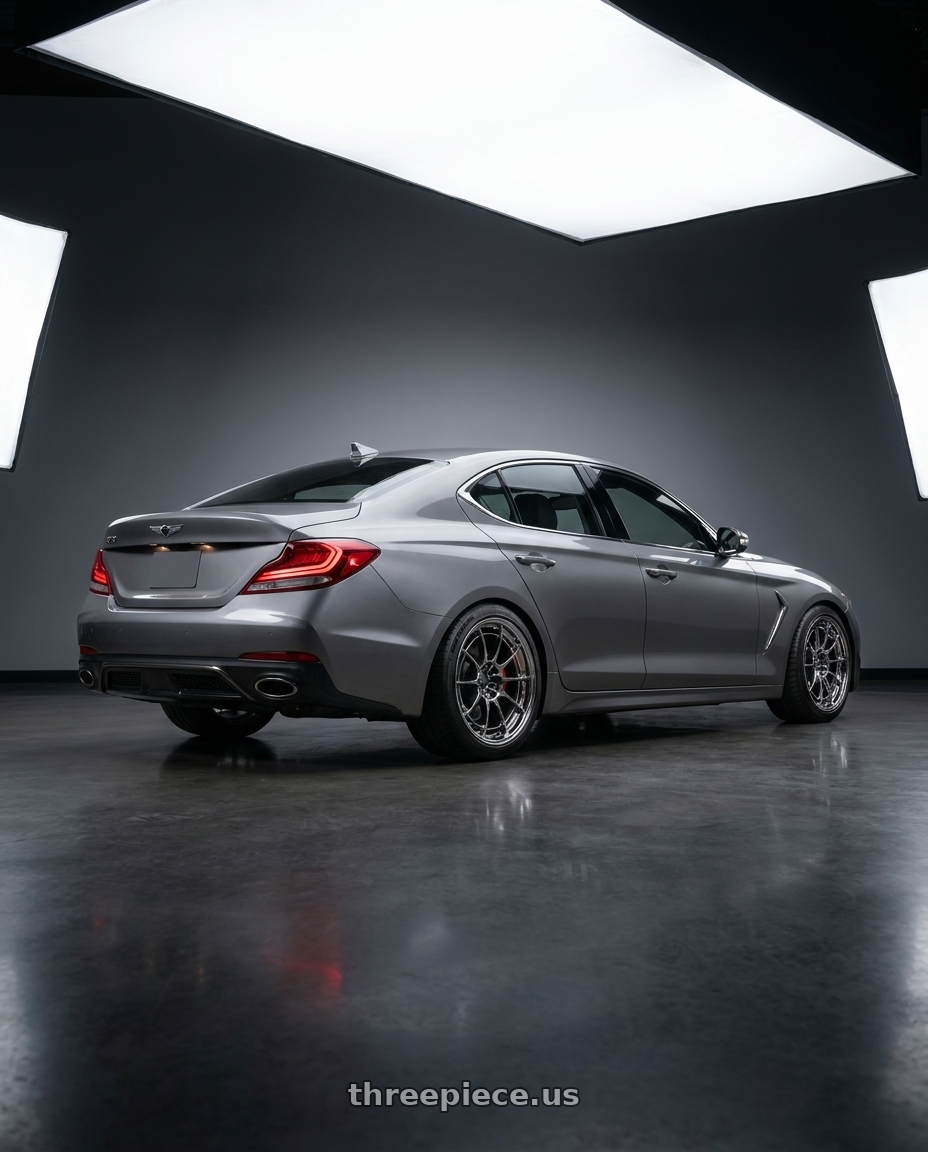 2019 Genesis G70 with Enkei NT03+M 5x114.3 18x9.5+40 SBC wheels rear three quarter view slight stretch tires