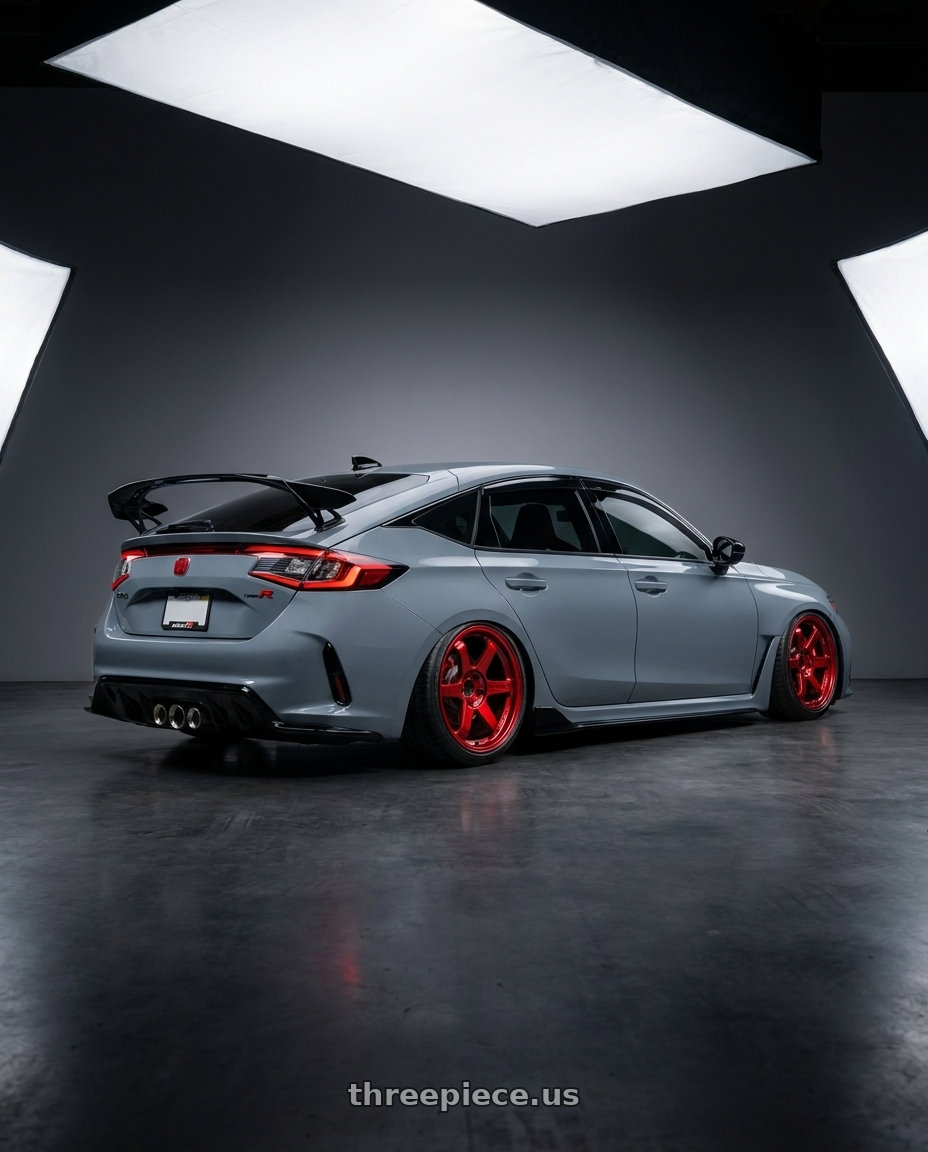 2024 type R with Volk Racing TE37SL 5x120 18x9.5 +38 RED wheels rear three quarter view square tires