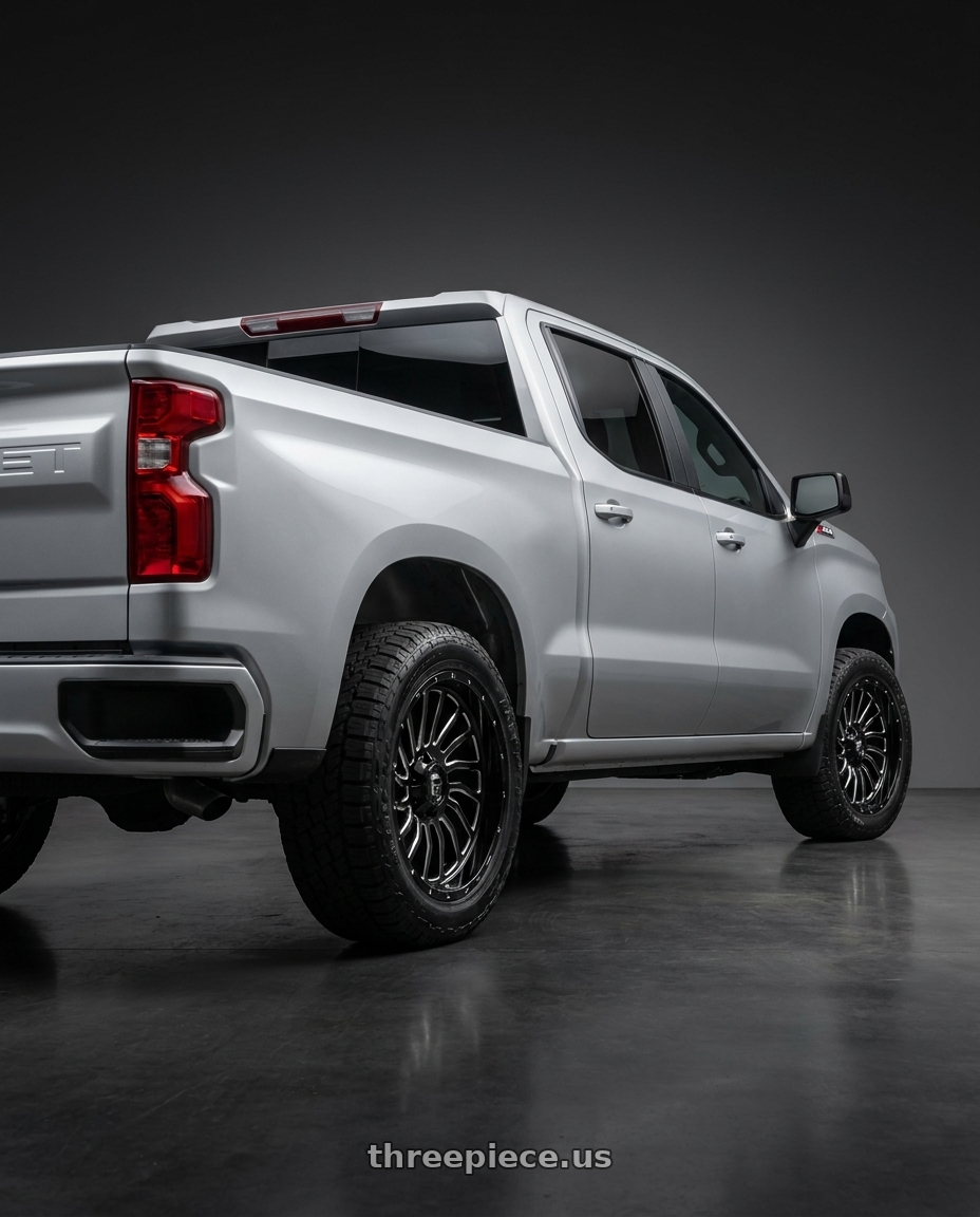 2026 Chevrolet Silverado 1500 with Fuel 1PC D574 CLEAVER 6X135/6X139.7 20X10 -18 GLOSS BLACK MILLED wheels rear three quarter view square tires