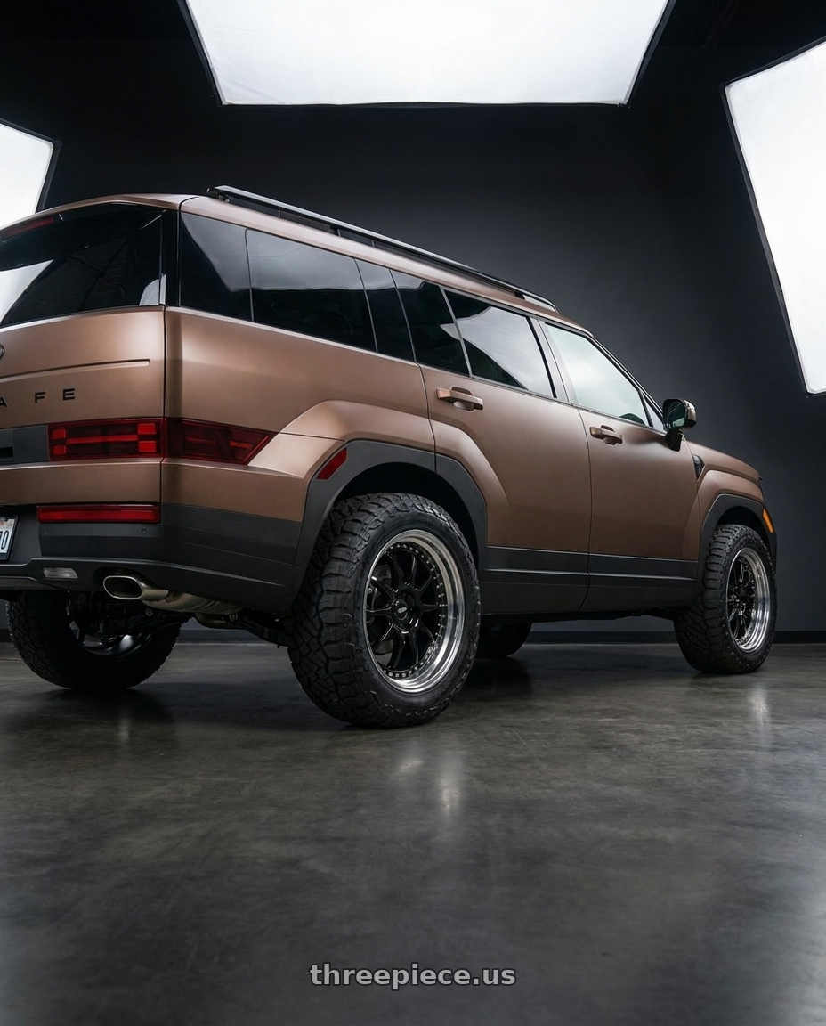 2025 Hyundai Santa Fe with SSR Professor MS1 5x114.3 20x7.5+35 MD Disk Black wheels rear three quarter view meaty tires