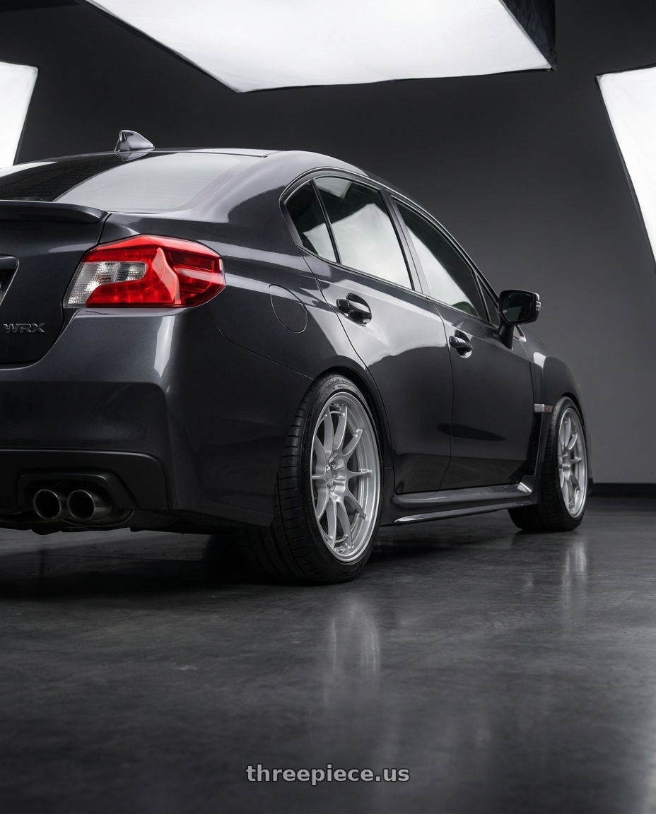 2021 Subaru WRX with Enkei NT03+M 5x114.3 18x9.5+40 Silver wheels rear three quarter view square tires