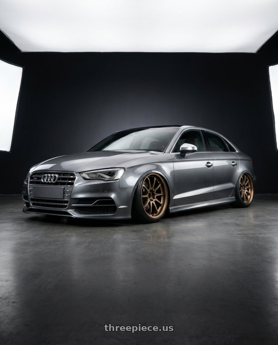 2015 Audi S3 with Volk Racing CE28N-PLUS M-SPEC 5x112 18x10.5+34 Bronze wheels front three quarter view slammed stance