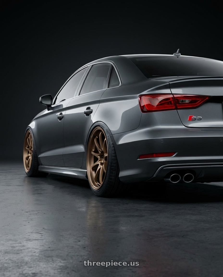 2015 Audi S3 with Volk Racing CE28N-PLUS M-SPEC 5x112 18x10.5+34 Bronze wheels rear three quarter view extreme stretch tires