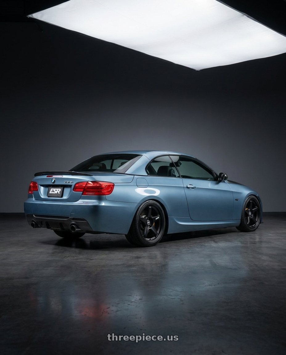 2009 bmw e93 335i with ESR Wheels APX5C 5x120 19x8.5 +30 Matte Black wheels rear three quarter view square tires