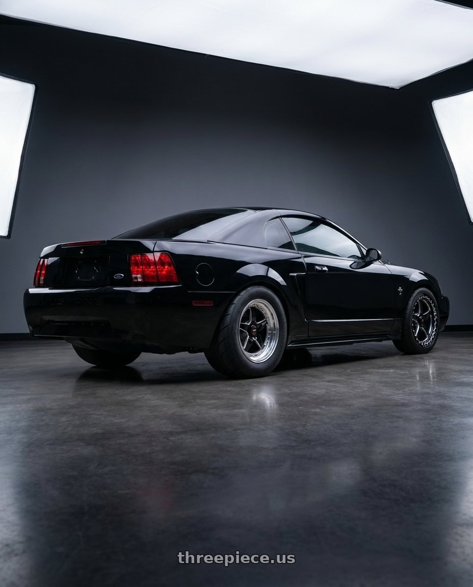 2003 Ford Mustang  with WELD Street Performance Ventura Beadlock 5x114.3 15x10 +50 Gloss Black/Milled Diamond Cut Lip wheels rear three quarter view excessive tires