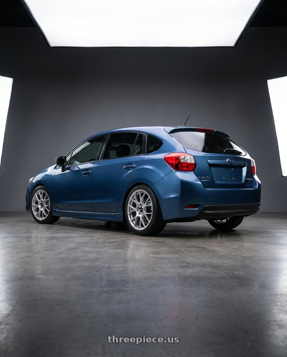 2016 Subaru Impreza  with BBS RE-V7 5x112 18x8.5 +42 Diamond Silver wheels rear three quarter view square tires