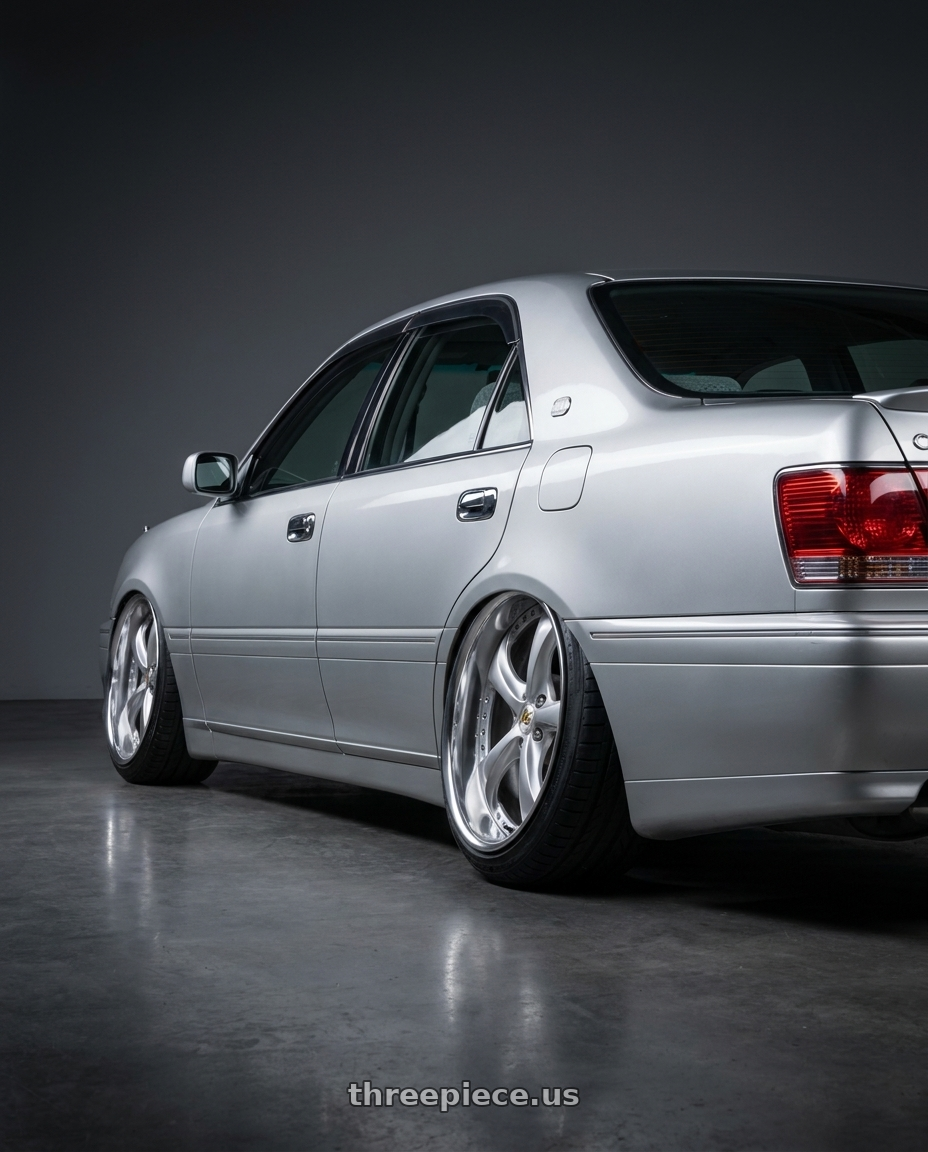 2003 toyota crown with Work Wheels VS-KF 5x114.3 18x9.5+40 Light Grey Silver O Disk FULL REVERSE wheels rear three quarter view slight stretch tires