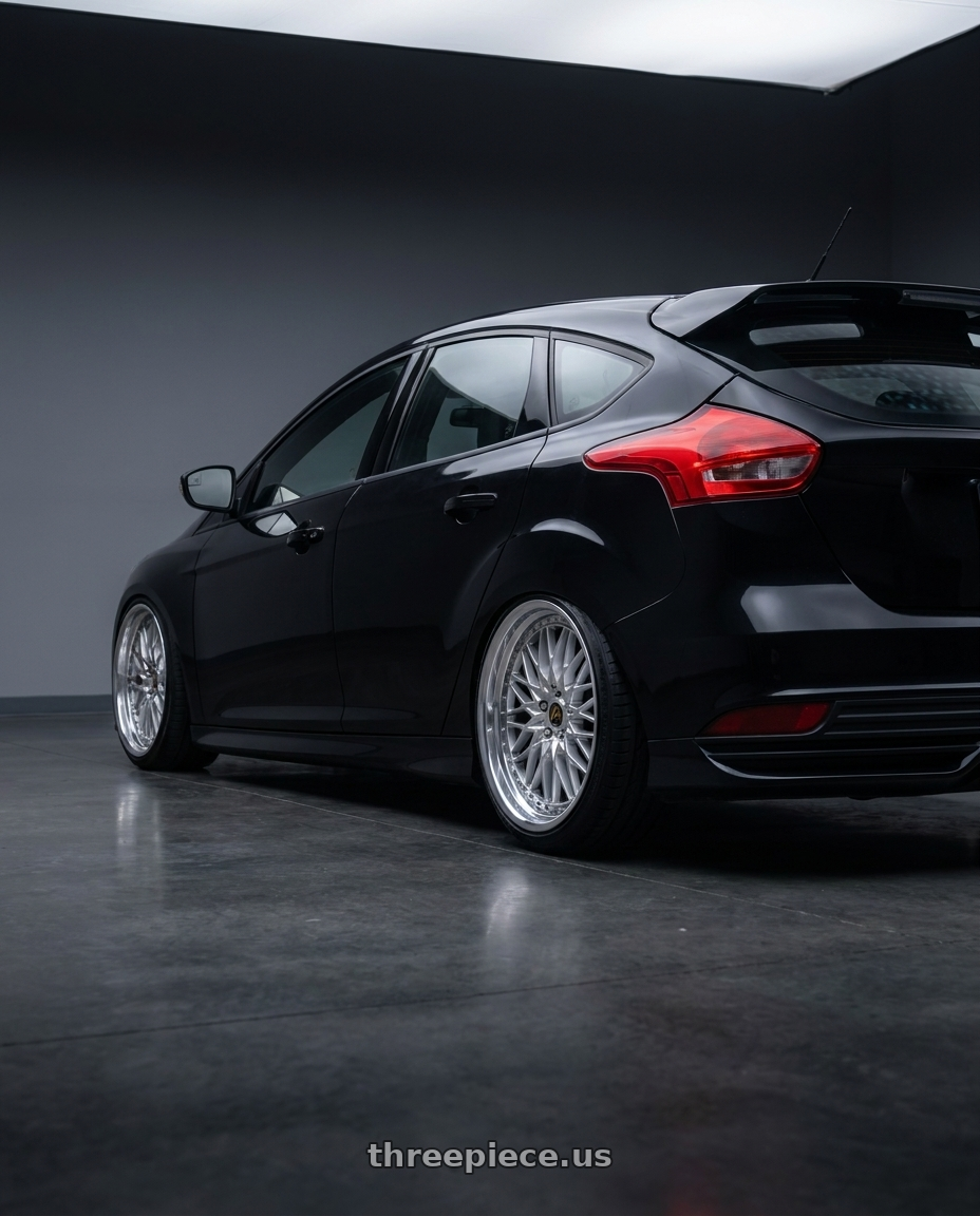 2018 ford focus st with Work Vs-Xv 5x108 18x9+40 A Disk Silky Rich Silver wheels rear three quarter view slight stretch tires